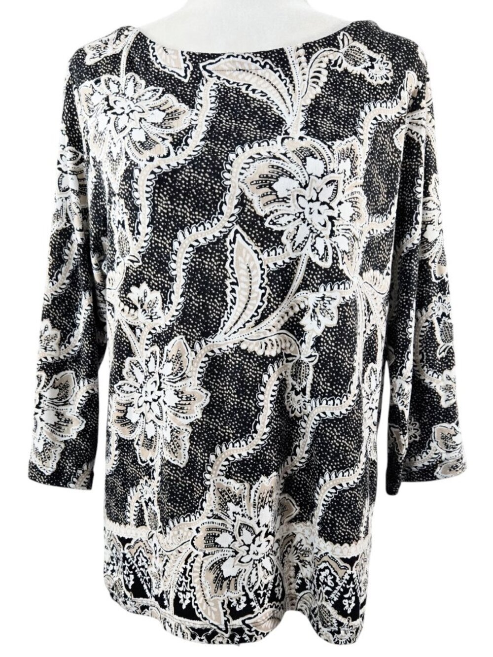 Chico's 100% Cotton Black Tan White Floral Spotted Top Romantic